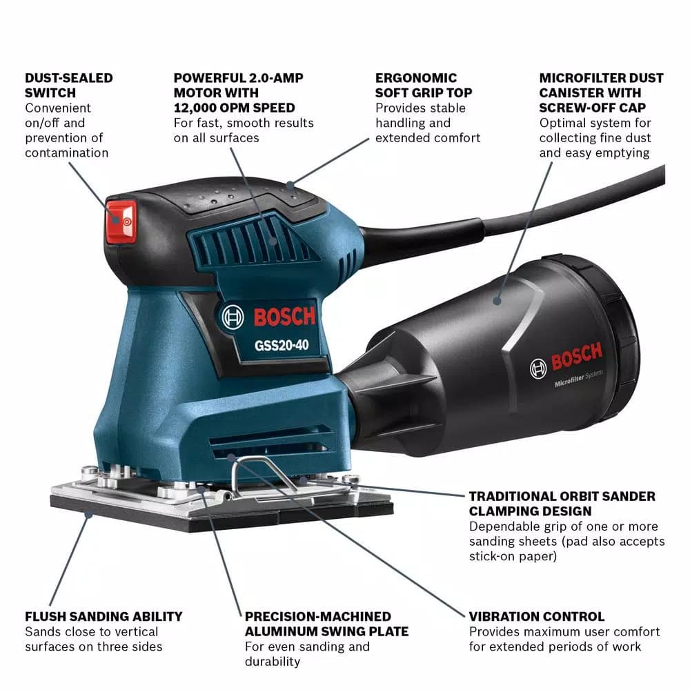 Bosch GSS20-40 1/4 in. Corded Sheet Orbital Finishing Sander, 2 Amp