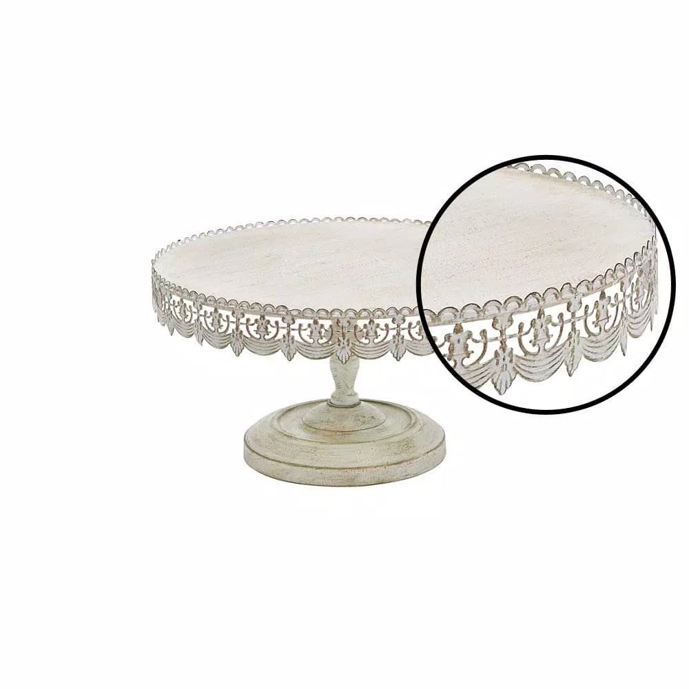 LITTON LANE 16 in. Round Whitewashed and Rust Brown Iron Cake Stand with Floral Bunting Overhang
