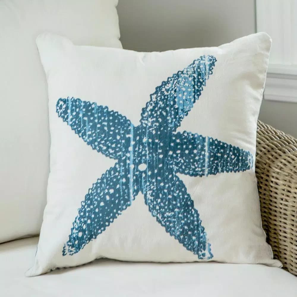 Heritage Lace Beach Living Starfish Coastal Throw Pillow, 18 x 18 in, Blue and Cream Cotton