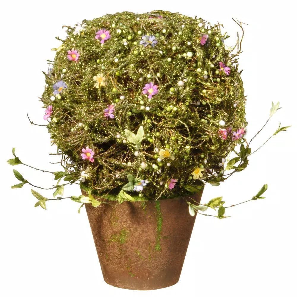 National Tree Company 16 in. Artificial Topiary with Potted Container, Green Mossy Stems with Pink and Yellow Flowers