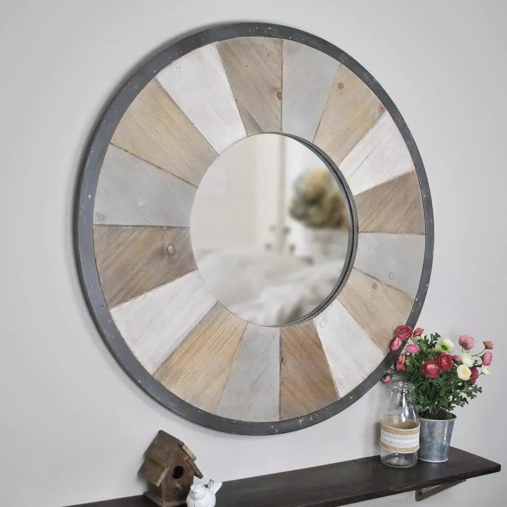 FirsTime Adler Rustic Wood Round Accent Mirror, 31.5 in. Farmhouse Style