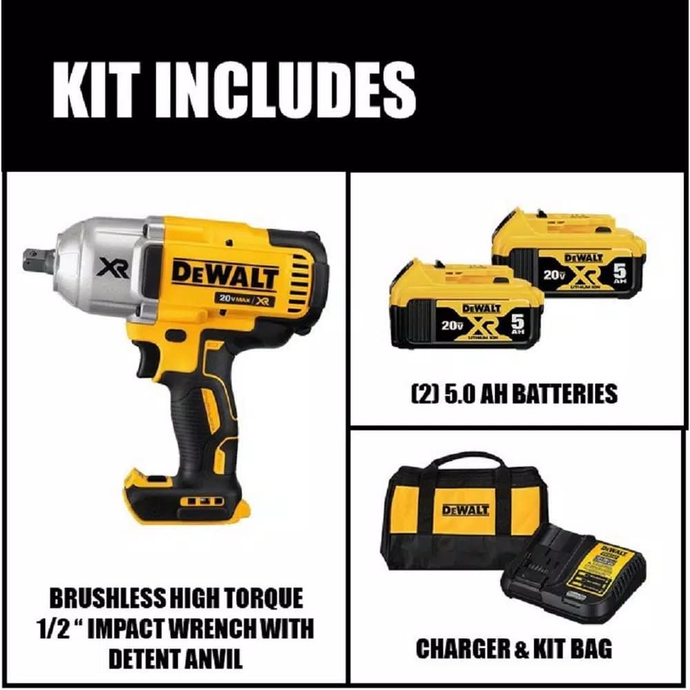 DEWALT 20V MAX XR Brushless 1/2 in. High Torque Impact Wrench Kit with (2) 5.0 Ah Batteries