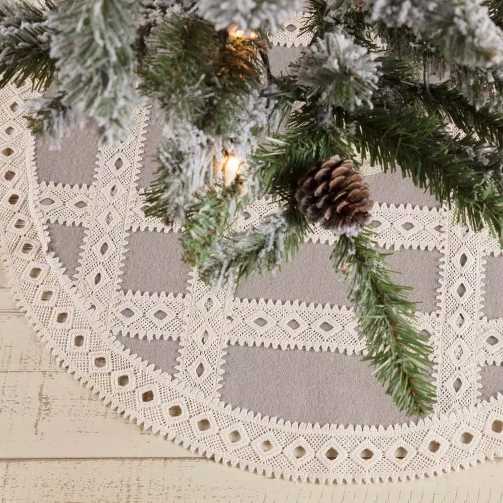 VHC Brands 21 in. Grey Margot Farmhouse Christmas Tree Skirt with Diamond Cut Lace