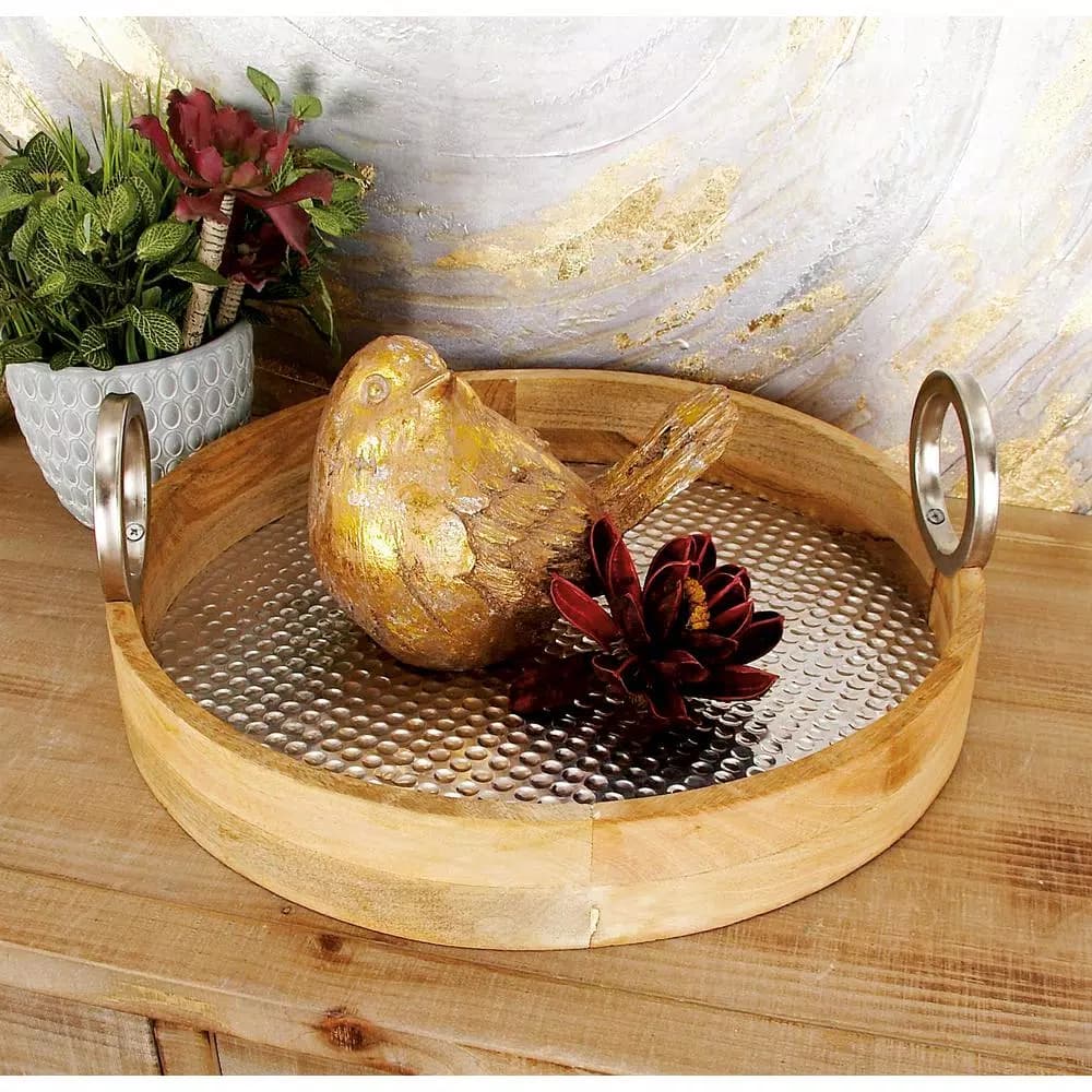 LITTON LANE Rustic Mango Wood and Hammered Aluminum Round Serving Tray Set of 2
