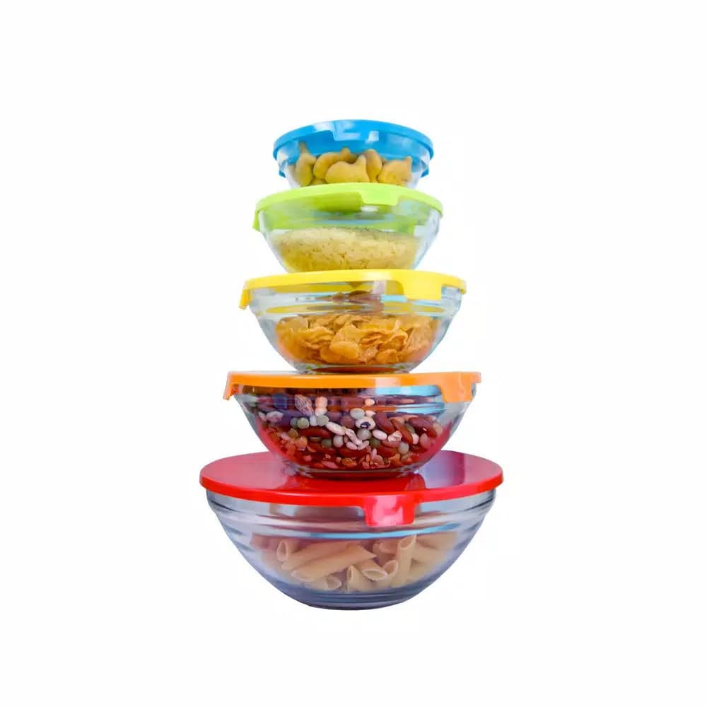 Home Basics 5-Piece Glass Bowl Set with Colorful Plastic Lids