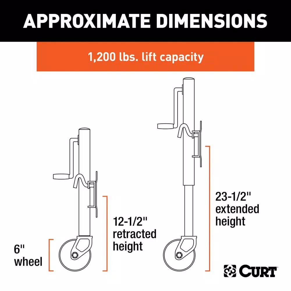 CURT Marine Trailer Jack with 6" Wheel, 1,200 lbs. Capacity, 10" Travel
