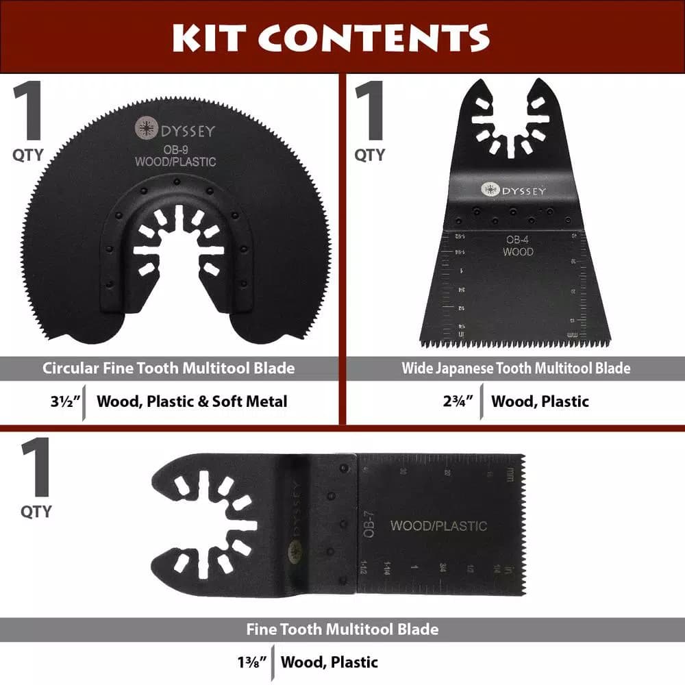 ODYSSEY 3-Piece Oscillating Multi-Tool Blade Combo Set for Wood, Plastic, and Soft Metal