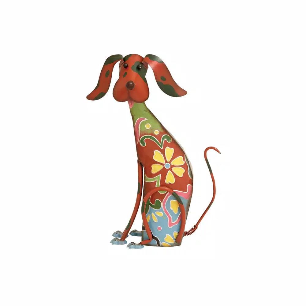 LITTON LANE Whimsical Dog Iron Sculpture with Floral Botanical Details and Wagging Spring Tail