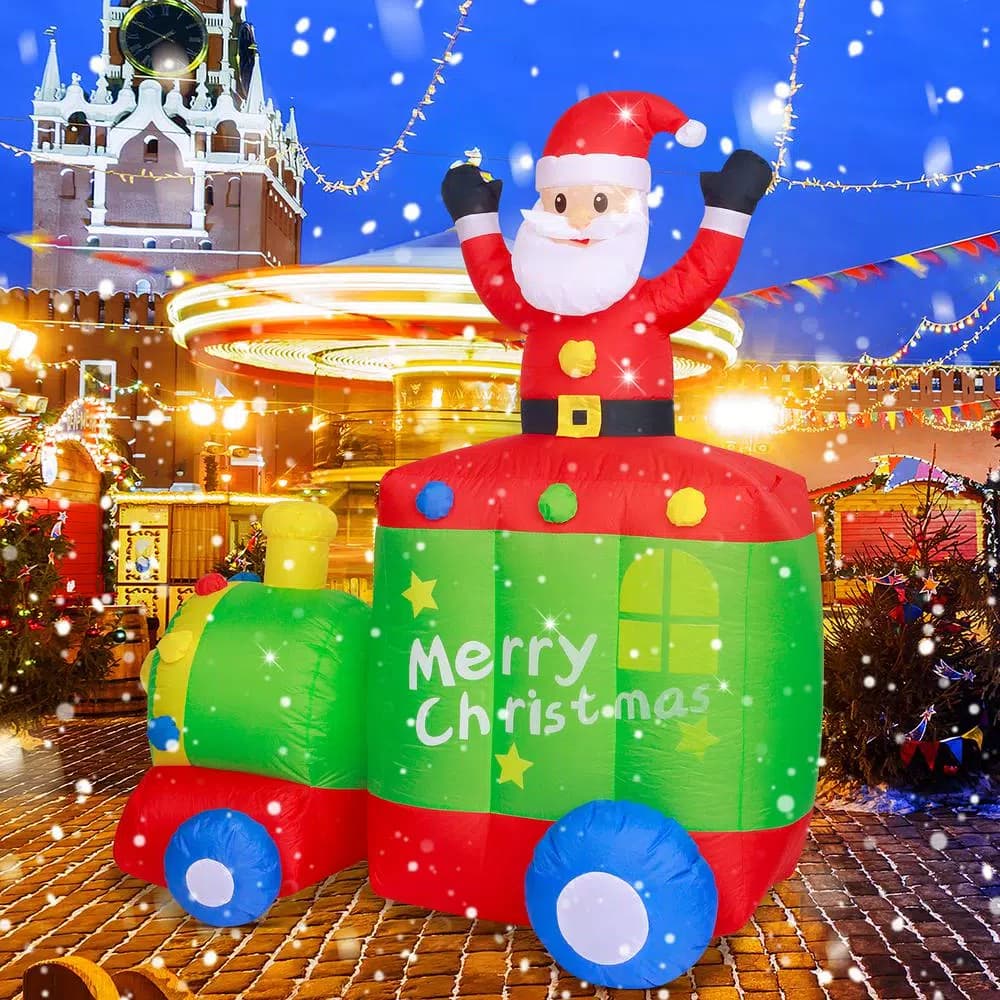 JOYDECOR 6 ft. Santa Claus on Train Christmas Inflatable with Built-in LED Lights