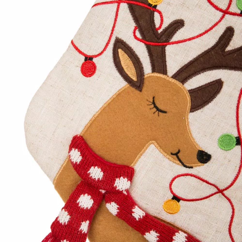 Glitzhome 21 in. LED Embroidered Linen Christmas Stocking - Reindeer Design