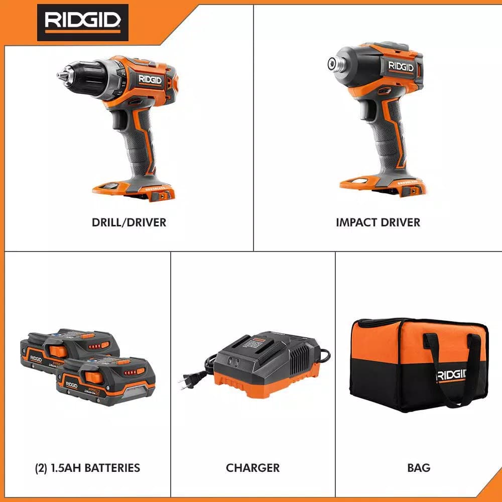 RIDGID 18V Brushless Cordless Drill/Driver and Impact Driver Combo Kit with (2) 1.5 Ah Batteries and Charger