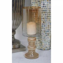 LITTON LANE Gold-Tinged Glass Cylinder Hurricane Candle Holder with Fluted Stacked Ball Post thumbnail 1