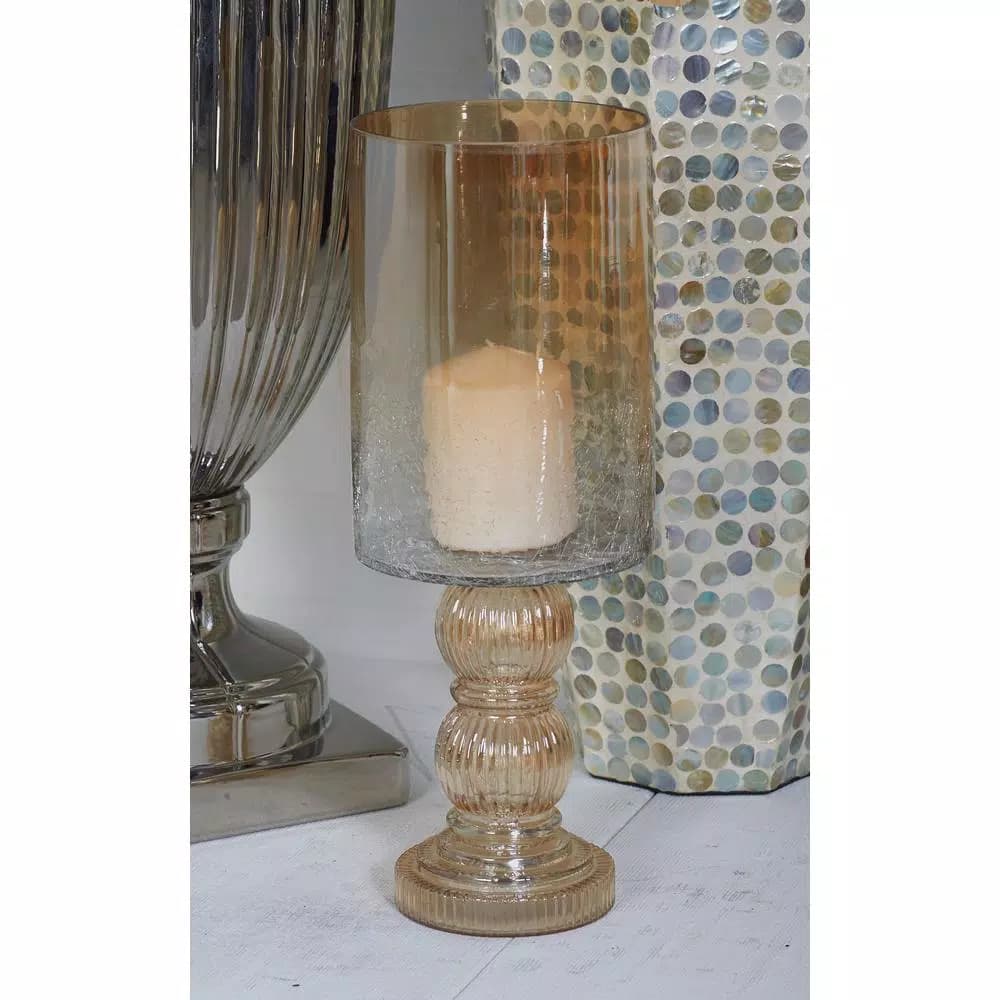 LITTON LANE Gold-Tinged Glass Cylinder Hurricane Candle Holder with Fluted Stacked Ball Post