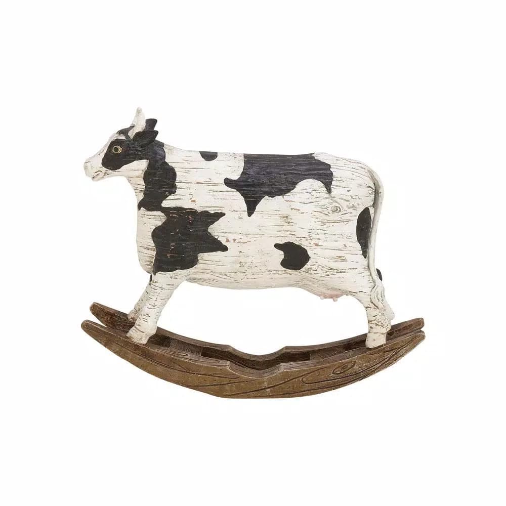 LITTON LANE Rectangular Polystone Cow Sculpture on Curved Wood Rocker - Farmhouse Decor