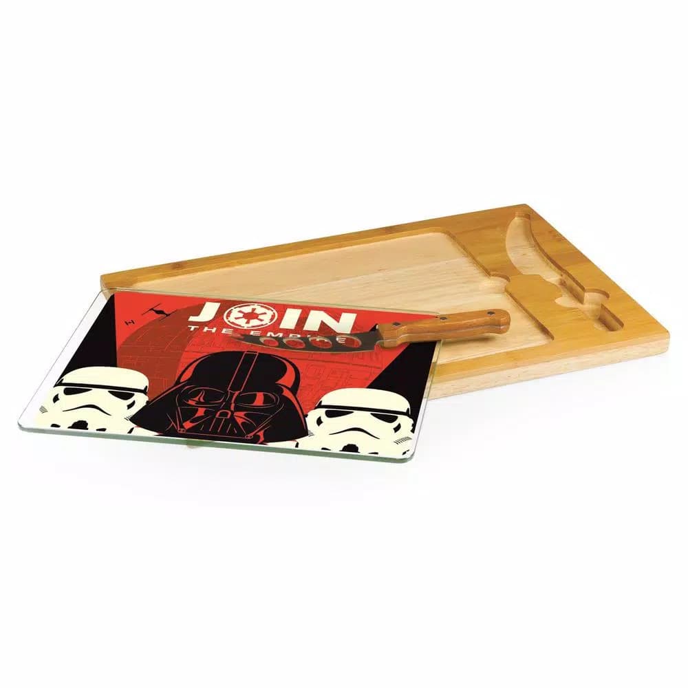 TOSCANA Empire Icon 15.4 in. Rubberwood and Bamboo Glass Top Serving Tray and Cheese Knife Set