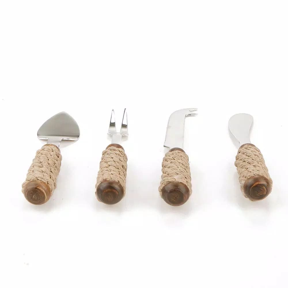 Mind Reader 4-Piece Stainless Steel Cheese Knife Set with Decorative Rope Wrapped Wood Handles