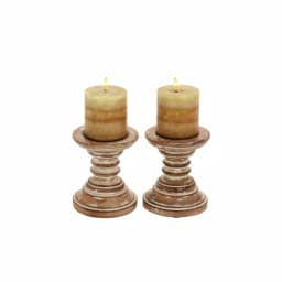LITTON LANE 6 in. Mango Wood Tapered Candle Holders, Set of 2, Oak Brown & Beige thumbnail 1