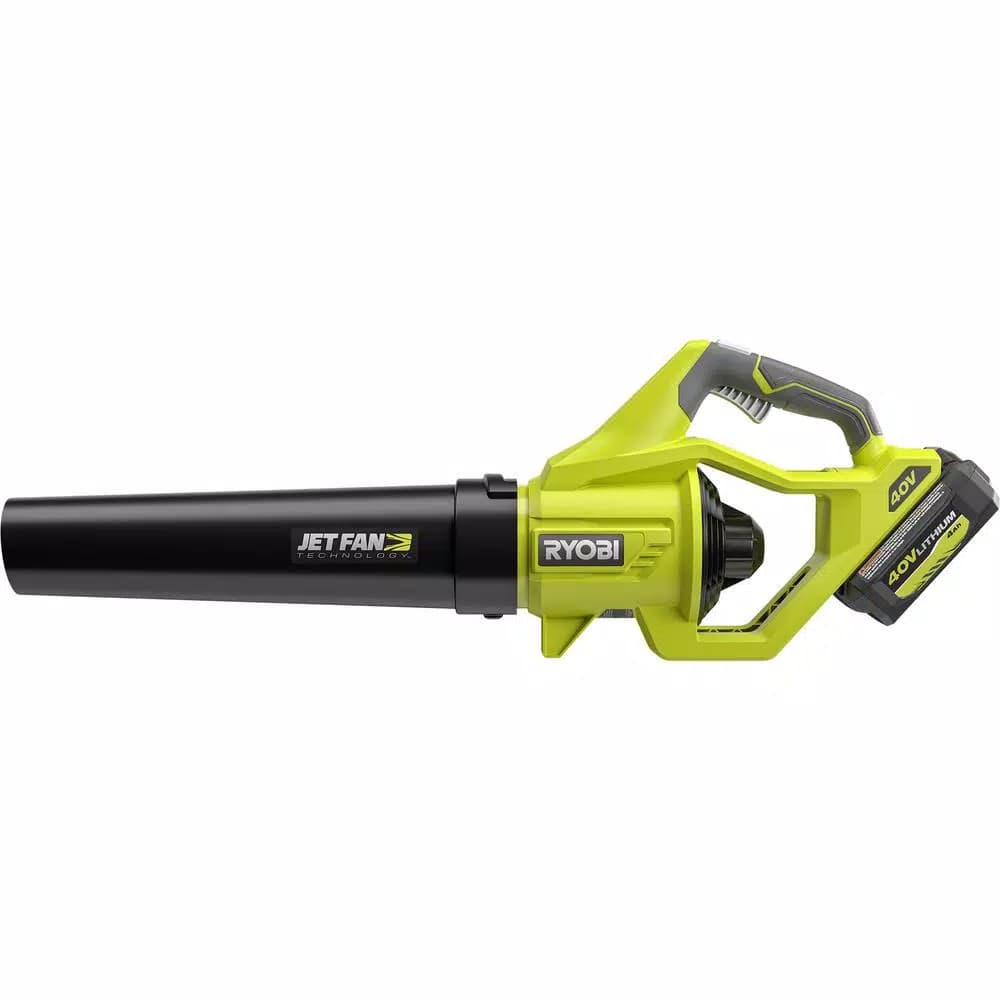 RYOBI 40V MAX Cordless Jet Fan Leaf Blower Kit, 500 CFM, 110 MPH, with 4 Ah Battery and Charger
