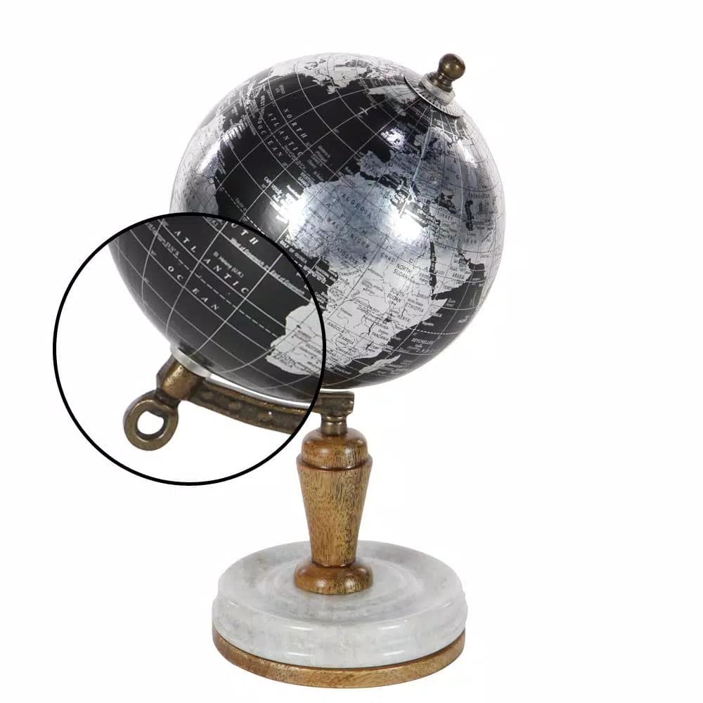 LITTON LANE Modern Reflections 10 in. Decorative Black and Silver Globe with Marble and Mango Wood Base