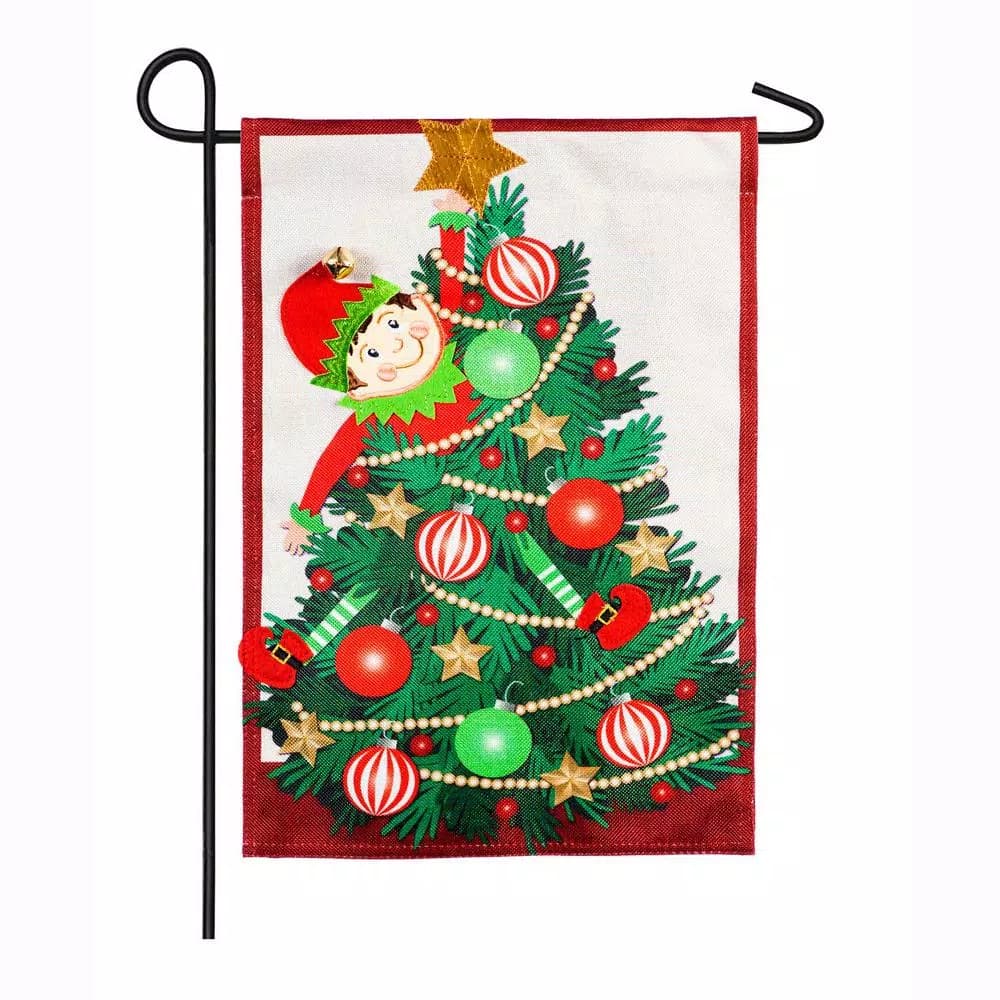 Evergreen Elf Trouble Garden Burlap Christmas Flag, 18 x 12.5 in. Double-Sided Indoor/Outdoor Decor