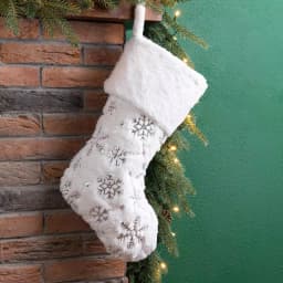 Glitzhome 21 in. White Plush Faux Fur Christmas Stocking with Silver Sequin Snowflake Embroidery thumbnail 5
