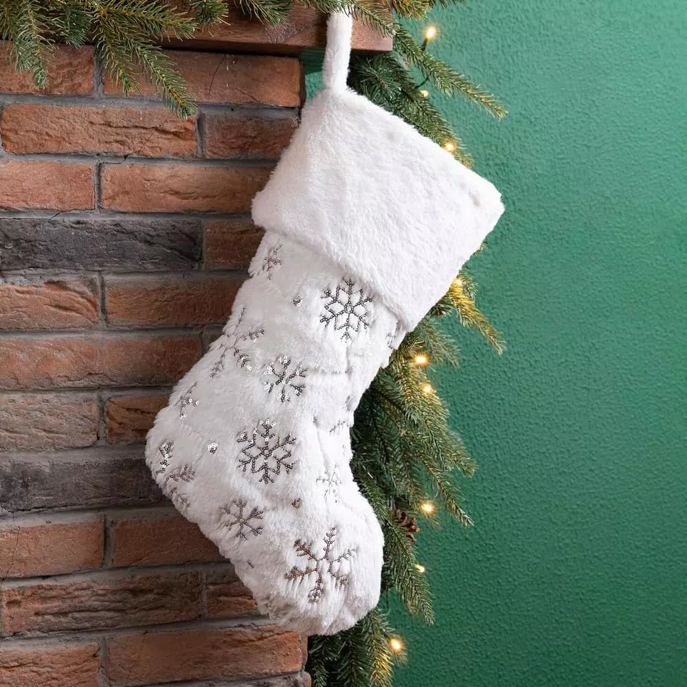 Glitzhome 21 in. White Plush Faux Fur Christmas Stocking with Silver Sequin Snowflake Embroidery