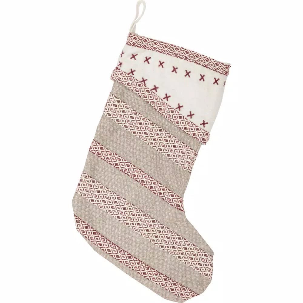 VHC Brands 15 in. Liv Pebble Grey Traditional Christmas Stocking with Nordic Trim