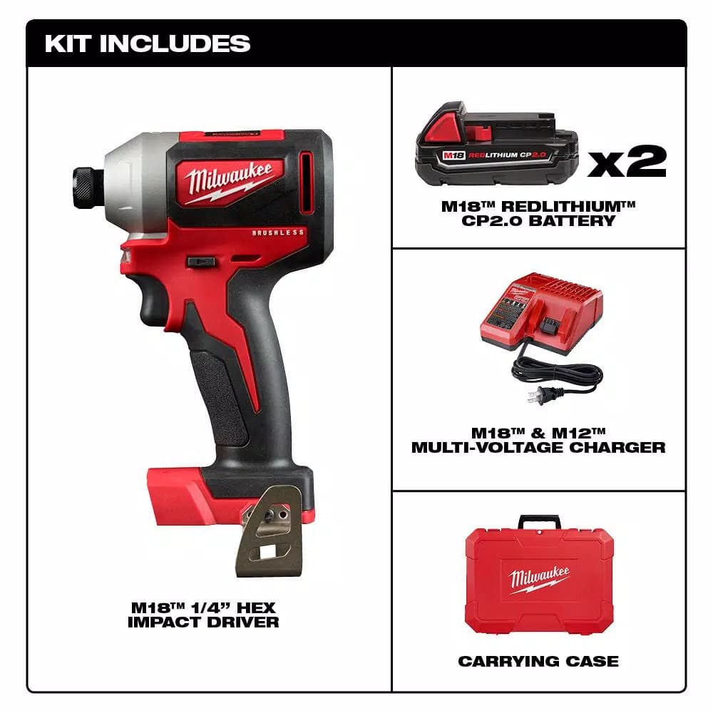 Milwaukee M18 18V Brushless Cordless 1/4 in. Hex Impact Driver Kit with Two 2.0 Ah Batteries and Charger