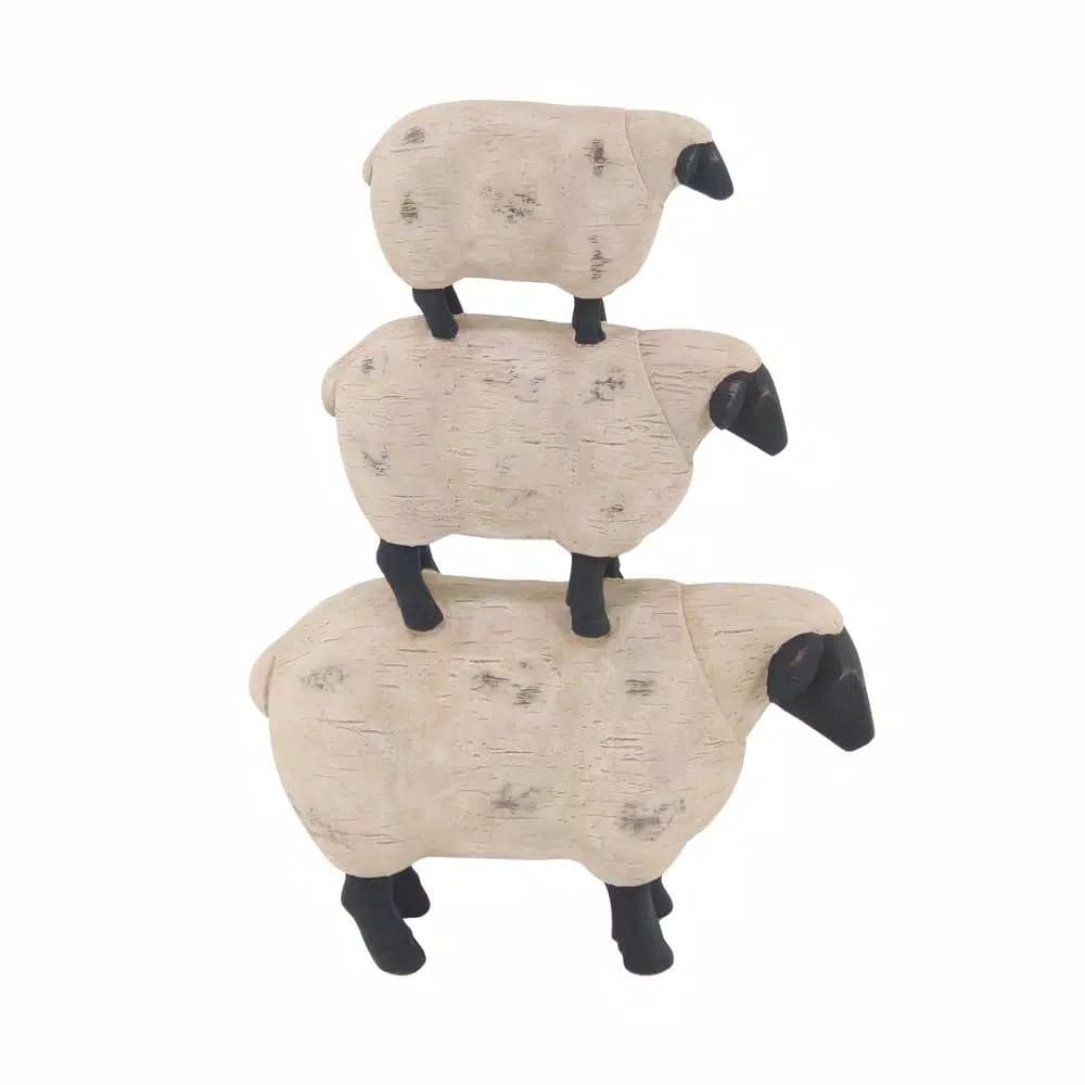 LITTON LANE 3-Stacked Sheep Polystone Sculpture - Off White Farmhouse Decor