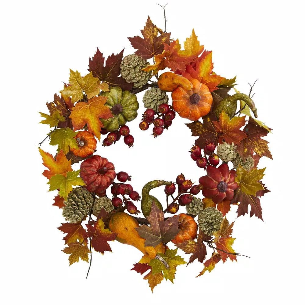 Nearly Natural 24 in. Pumpkin, Gourd, Berry and Maple Leaf Autumn Wreath, Multi-Colored