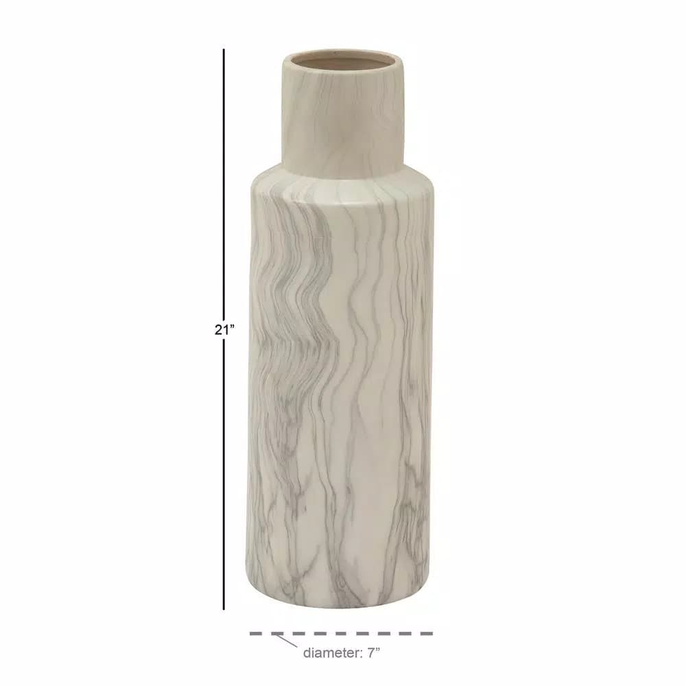 LITTON LANE 21 in. Classic Marble Cylinder White Ceramic Decorative Vase with Gray Veining
