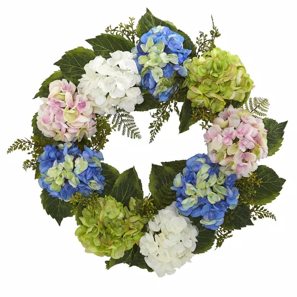 Nearly Natural 24 in. Hydrangea Artificial Flower Wreath - Pink, Blue, White, and Green