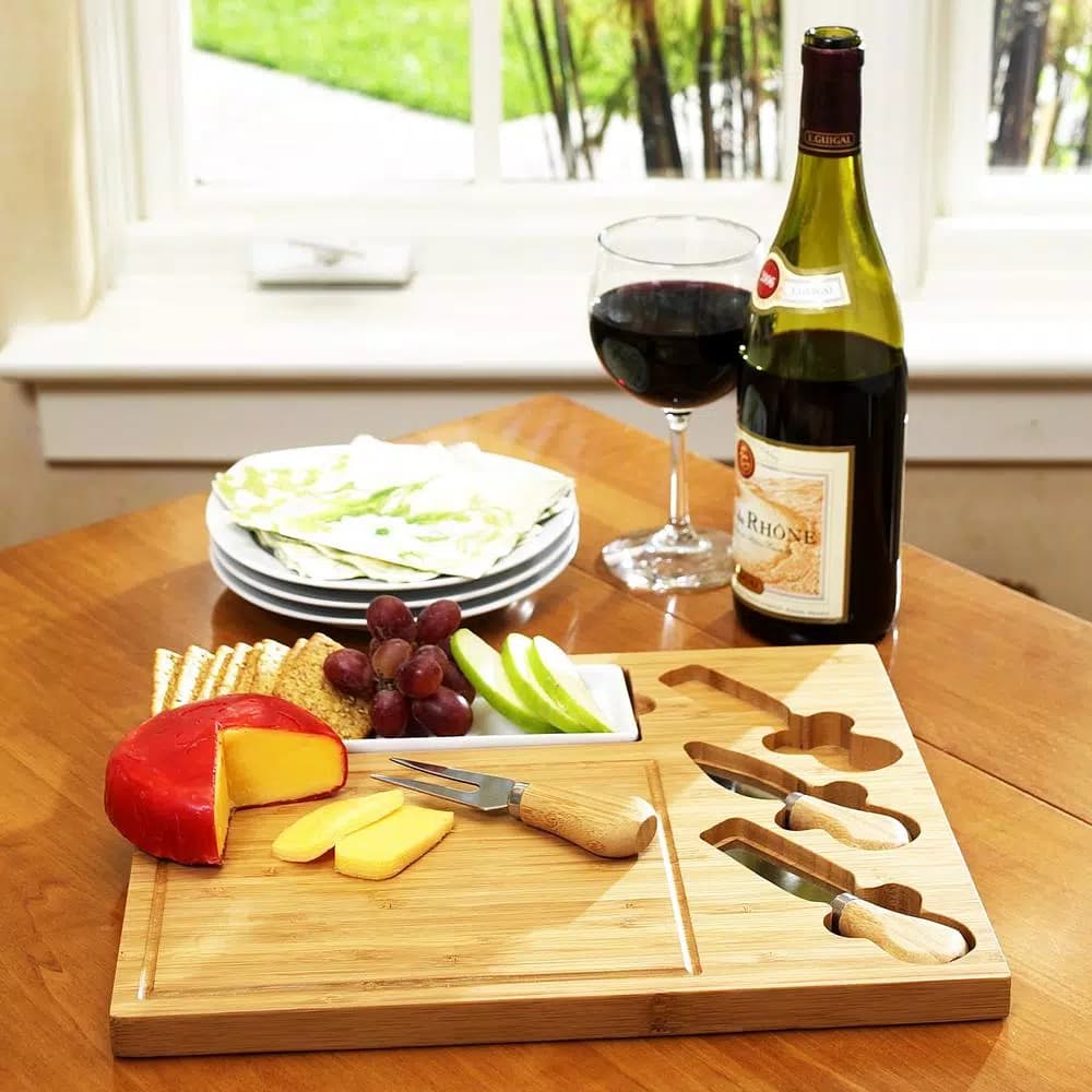 Unbranded Picnic at Ascot Celtic Bamboo Cheese Board Set with Ceramic Dish and 3 Stainless Steel Tools