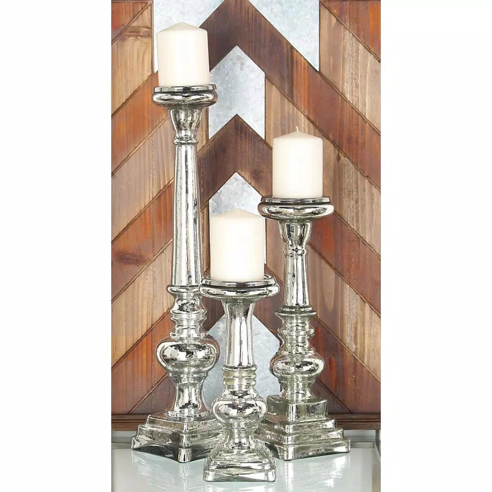 LITTON LANE Silver Glass Square-Based Candle Holders, Set of 3