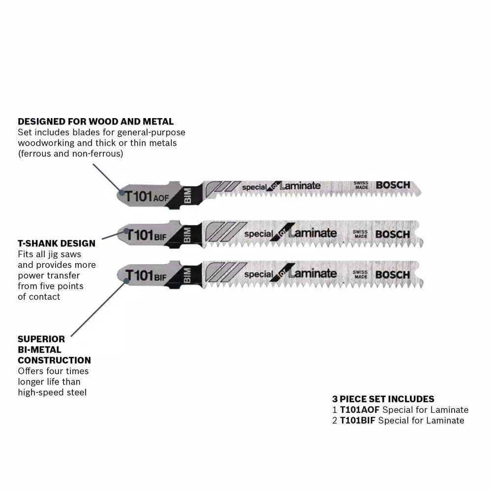 Bosch Bi-Metal T-Shank Jig Saw Blade Assortment for Laminate Flooring and Plywood, 3-Pack