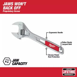 Milwaukee 8 in. Adjustable Wrench, Parallel Jaw, Chrome Plated thumbnail 2