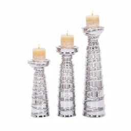 LITTON LANE Contemporary Silver Ceramic Tapered Cylinder Candle Holders, Set of 3 thumbnail 1
