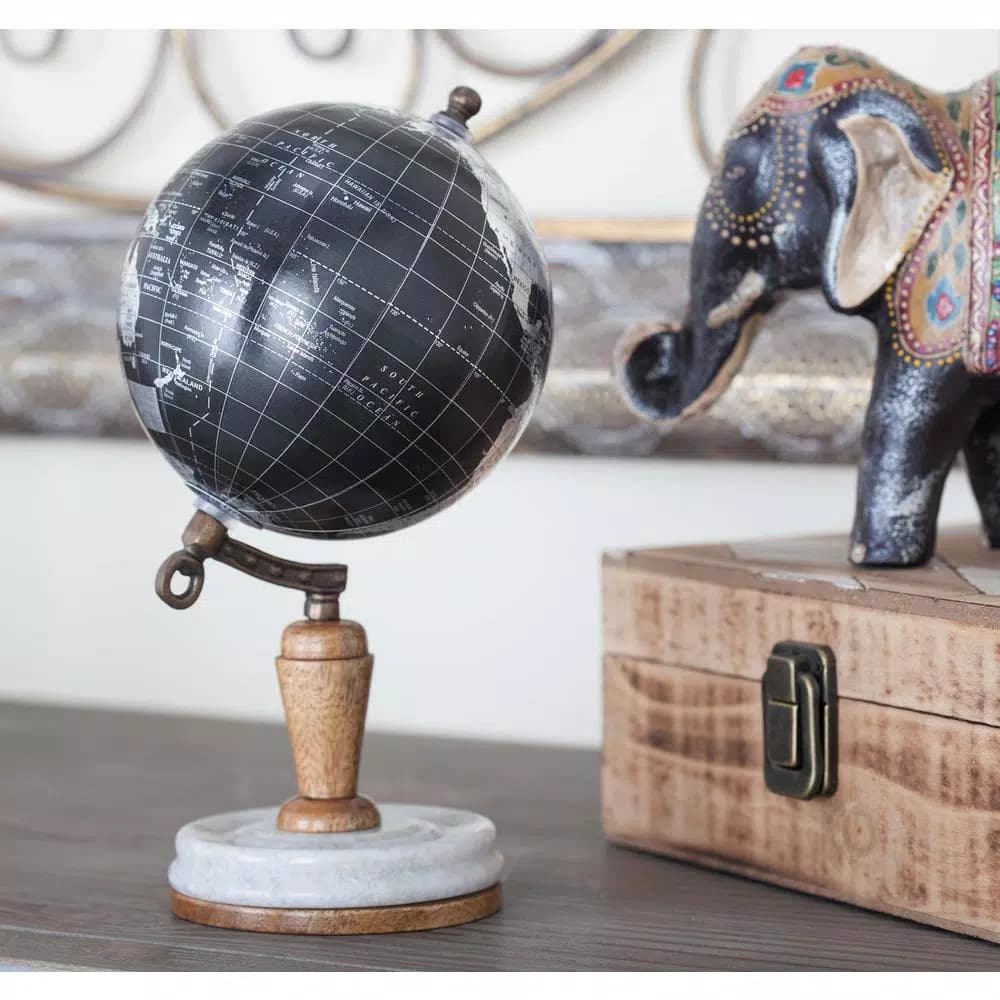 LITTON LANE Modern Reflections 10 in. Decorative Black and Silver Globe with Marble and Mango Wood Base