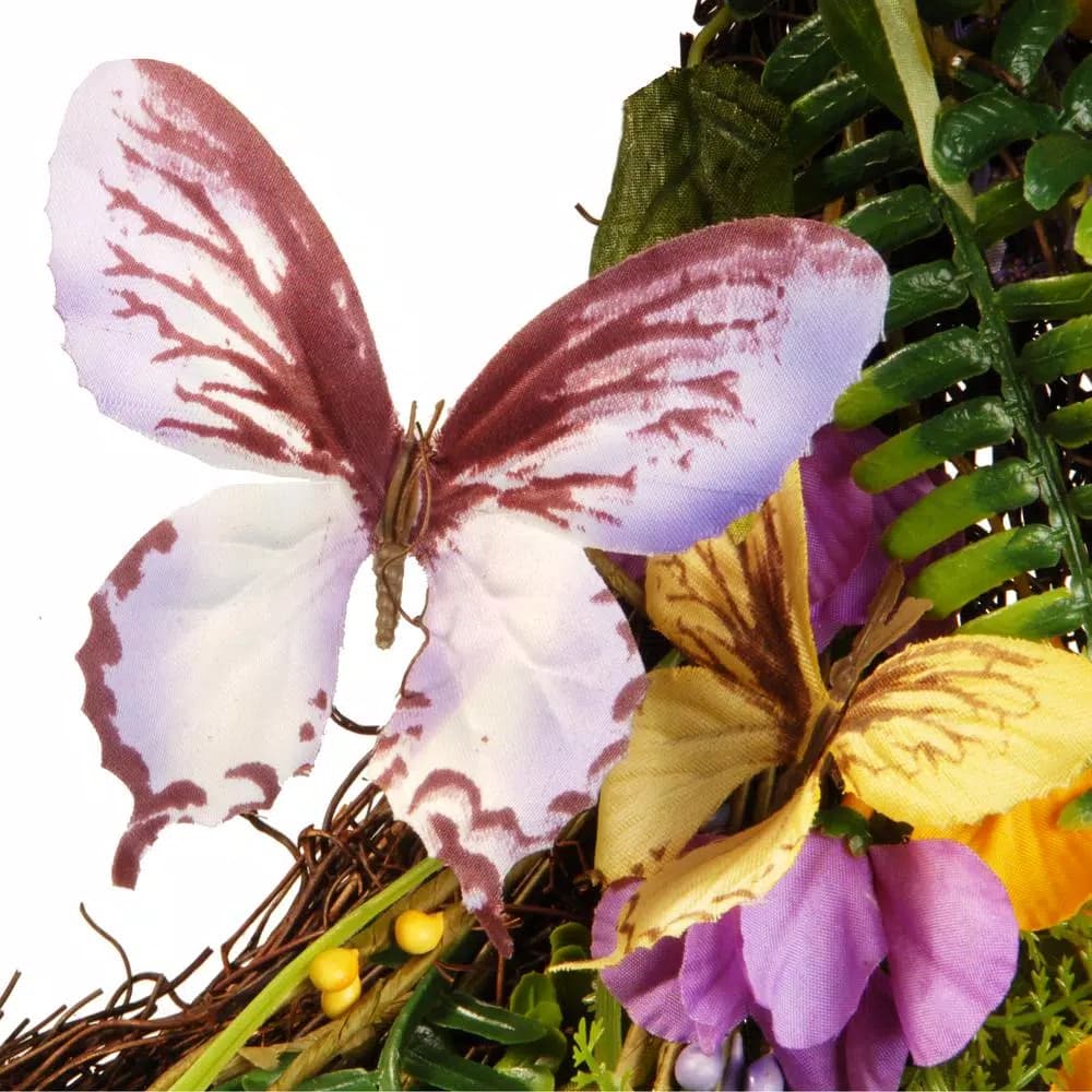 National Tree Company 24 in. Spring Mixed Flowers Wreath with Butterflies and Berries