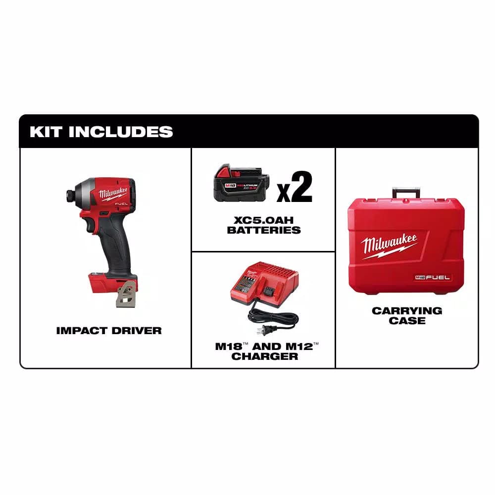 Milwaukee M18 FUEL 1/4 in. Hex Impact Driver Kit with Two 5.0 Ah Batteries and Charger