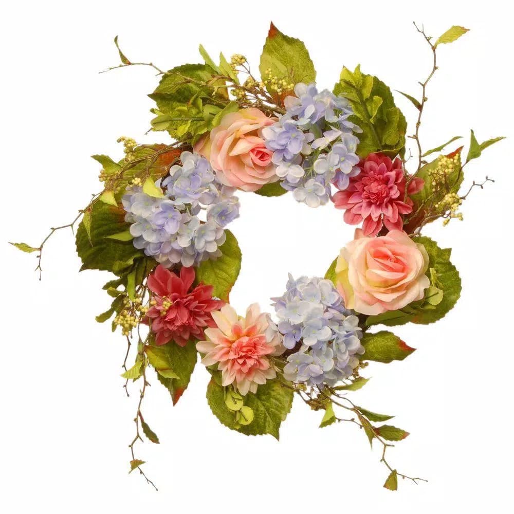 National Tree Company 23 in. Mixed Flower Wreath with Hydrangea, Rose and Dahlia - Pink Multi-Colored