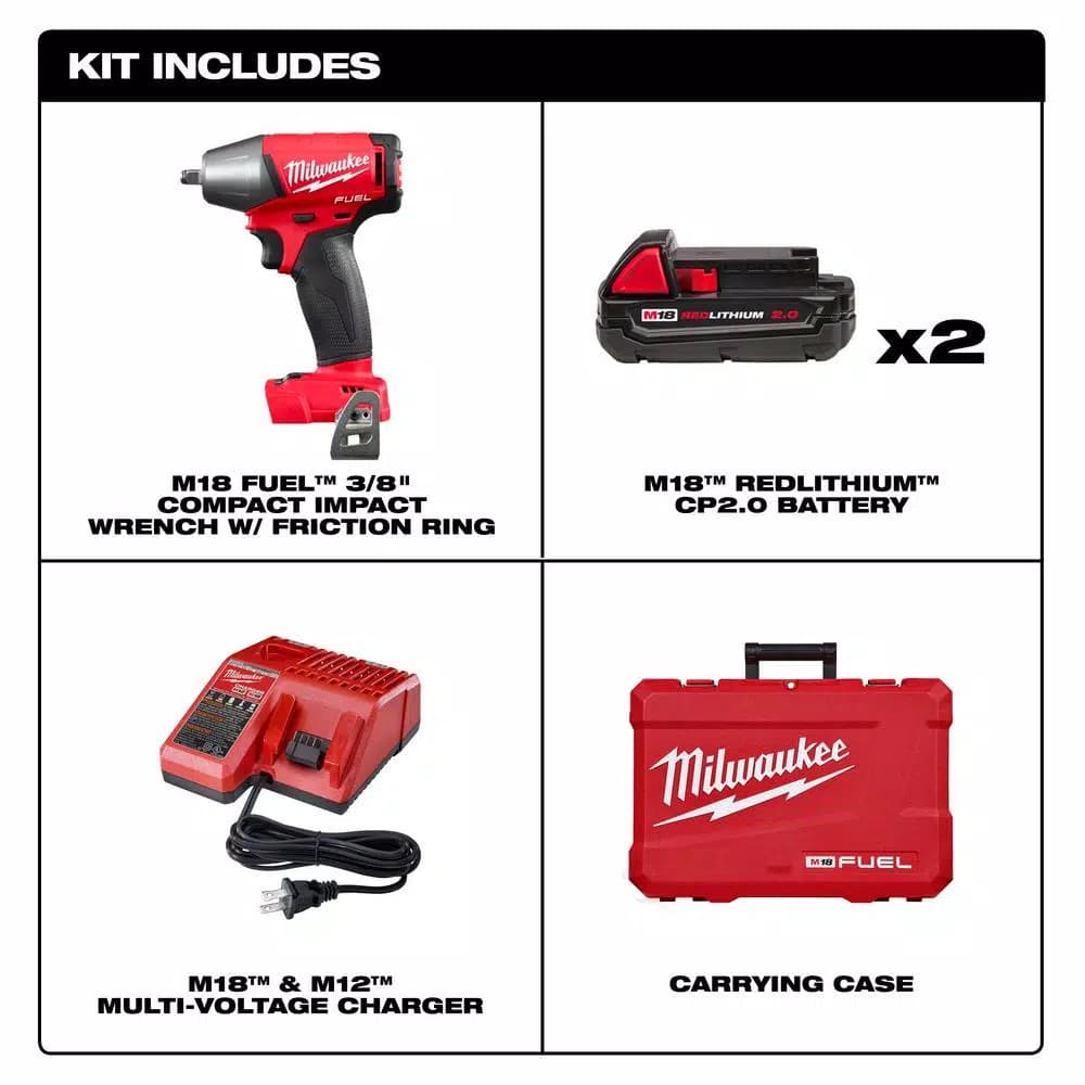 Milwaukee M18 FUEL 3/8 in. Compact Impact Wrench Kit w/ (2) 2.0 Ah Batteries & Charger