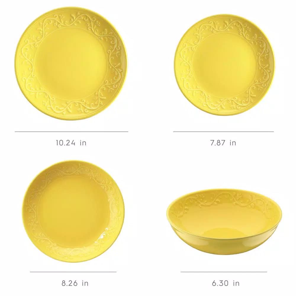 Unbranded Kutahya Ivy Collection 16-Piece Yellow Embossed Earthenware Dinnerware Set, Service for 4