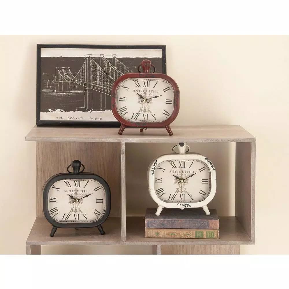 LITTON LANE Set of 3 Vintage Farmhouse Rounded Rectangle Iron Table Clocks - Distressed Red, Black, and White