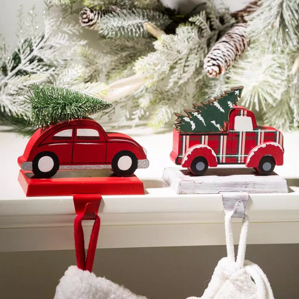 Glitzhome Red Car and Truck Wooden/Metal Stocking Holders, Set of 2