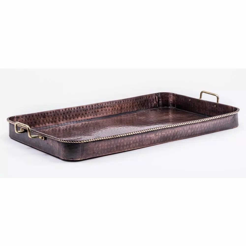 Old Dutch 24 in. Oblong Antique Copper Serving Tray with Cast Brass Handles