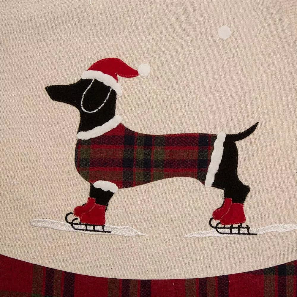 Glitzhome 48 in. Dachshund Embroidered Fabric Christmas Tree Skirt with Red Plaid Edge