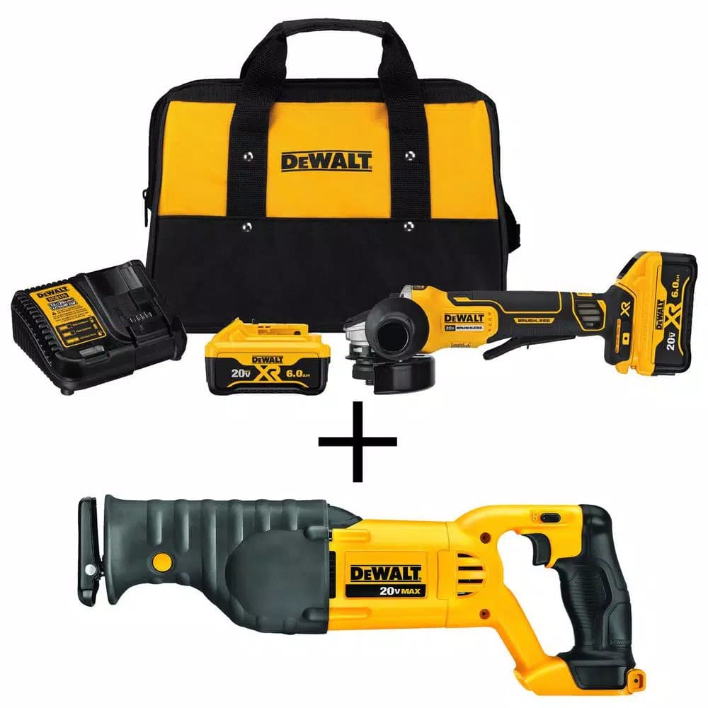 DEWALT 20V MAX XR Cordless Brushless 4-1/2 in. Small Angle Grinder Kit with (2) 6.0Ah Batteries & Reciprocating Saw