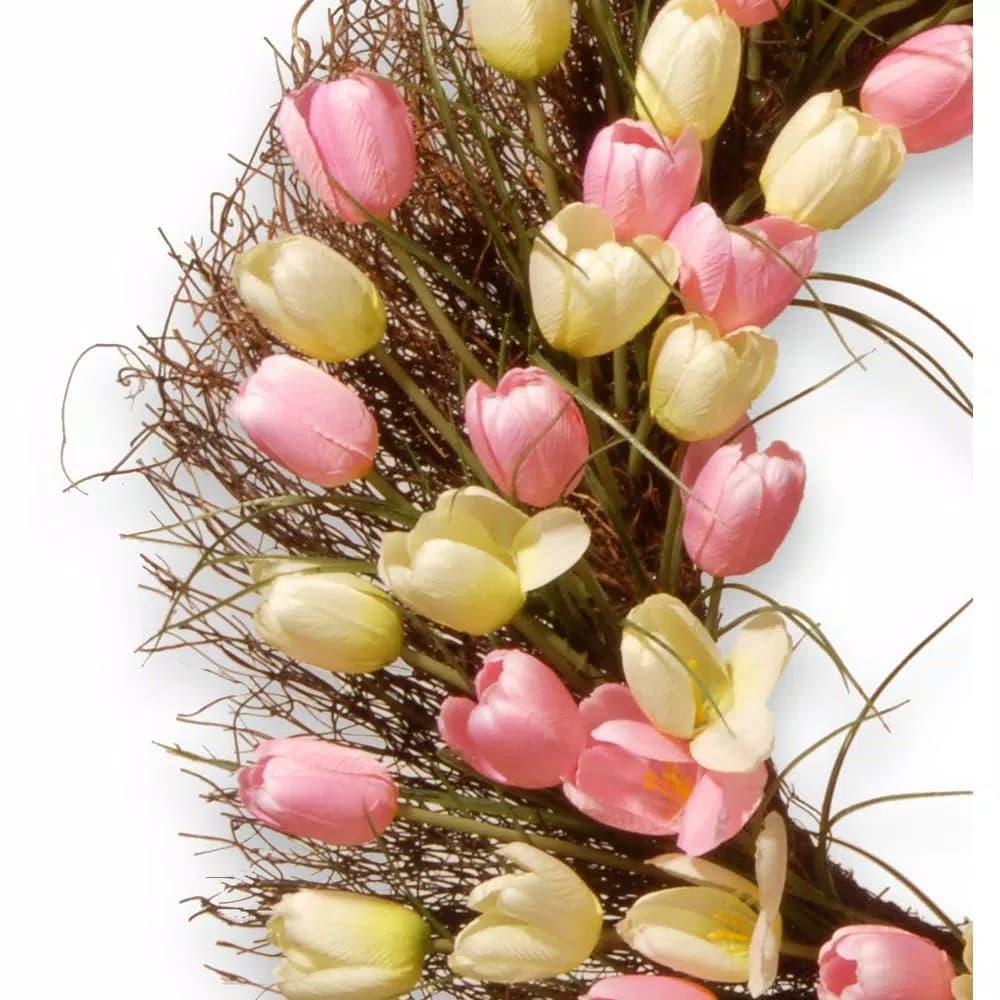 National Tree Company 32 in. Yellow and Pink Tulip Floral Wreath, Cottage Style