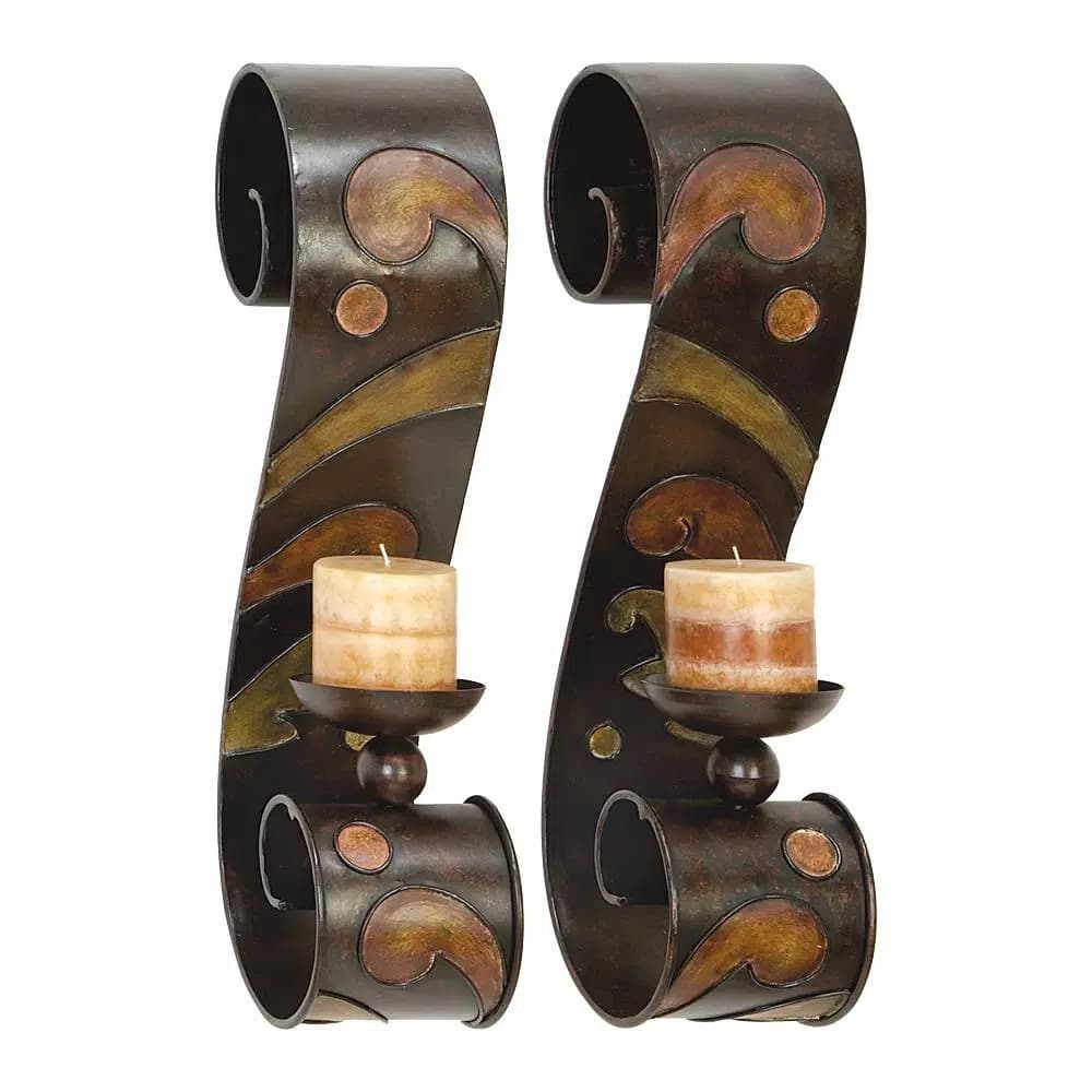 LITTON LANE 19 in. Scrolled Iron Candle Sconces with Metallic Brown Finish (Pair)